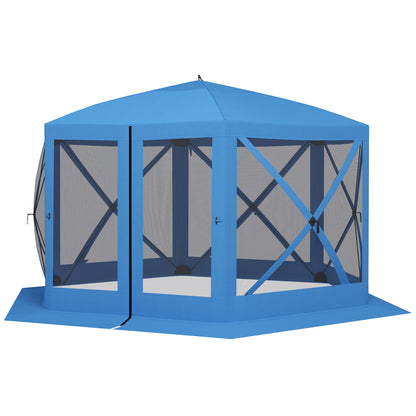 12' x 12' Hexagon Automatic Pop Up Screen Tents, Camping Shelter w/ Mesh Sidewalls and Carry Bag Blue