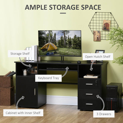 57" Computer Desk with Drawers, Home Office Desk with Keyboard Tray, Open Shelves and Lockable Drawer, Writing Workstation for Study, Black