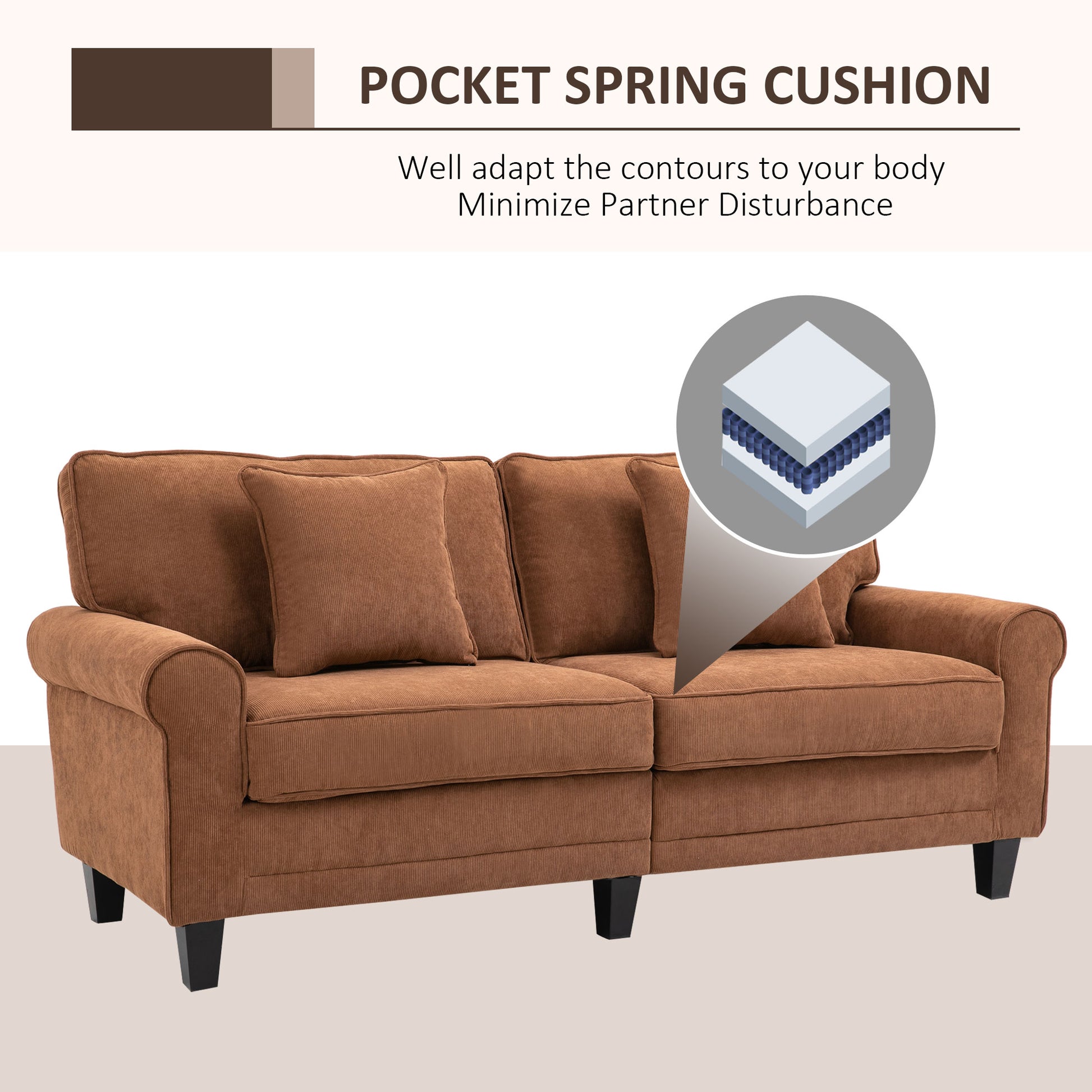 Modern 3 Seater Sofa, Corduroy Fabric 3 Seater Couch with Pine Wood Legs and Rolled Armrests for Living Room, Brown