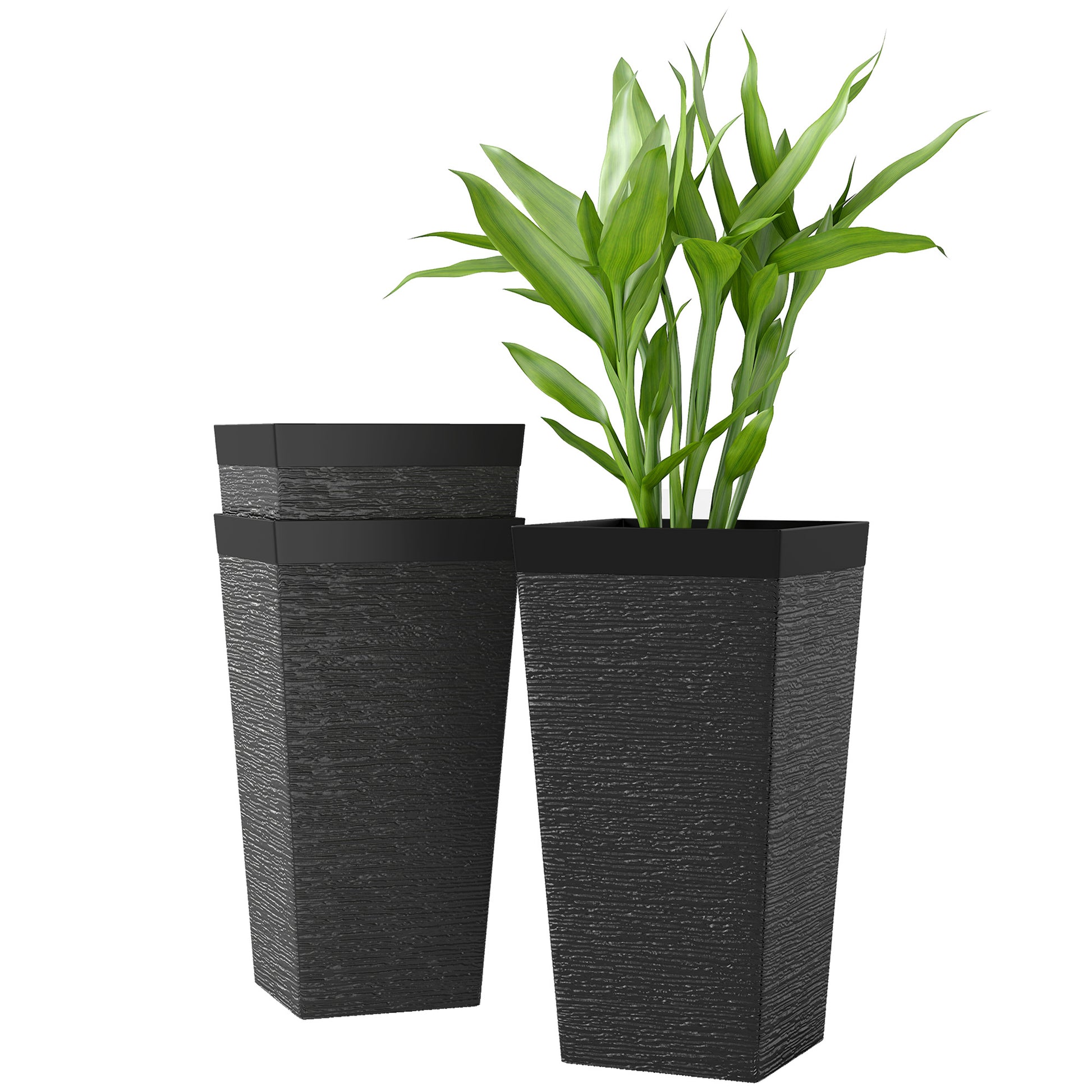 22.8" Tall Planters Set of 3, Indoor Outdoor Taper Planters with Stone Finish, Wheels and Drainage Hole, Black