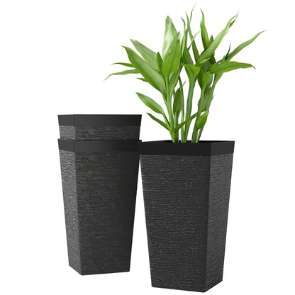 22.8" Tall Planters Set of 3, Indoor Outdoor Taper Planters with Stone Finish, Wheels and Drainage Hole, Black