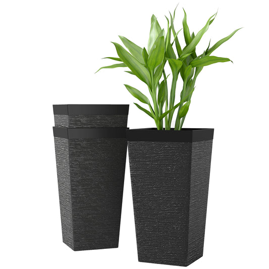 22.8" Tall Planters Set of 3, Indoor Outdoor Taper Planters with Stone Finish, Wheels and Drainage Hole, Black