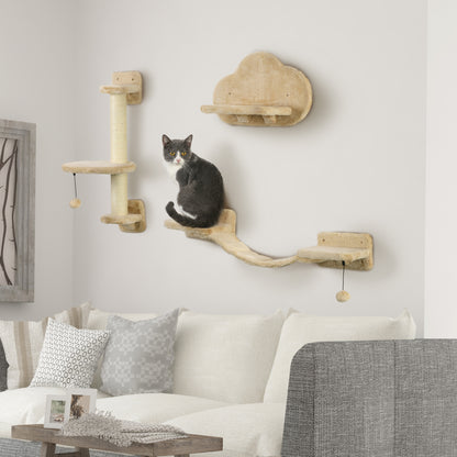 3 PCs Cat Wall Climber with Scratching Post, Ladder, Perches, Cloud-Shaped Cat Shelves, Beige