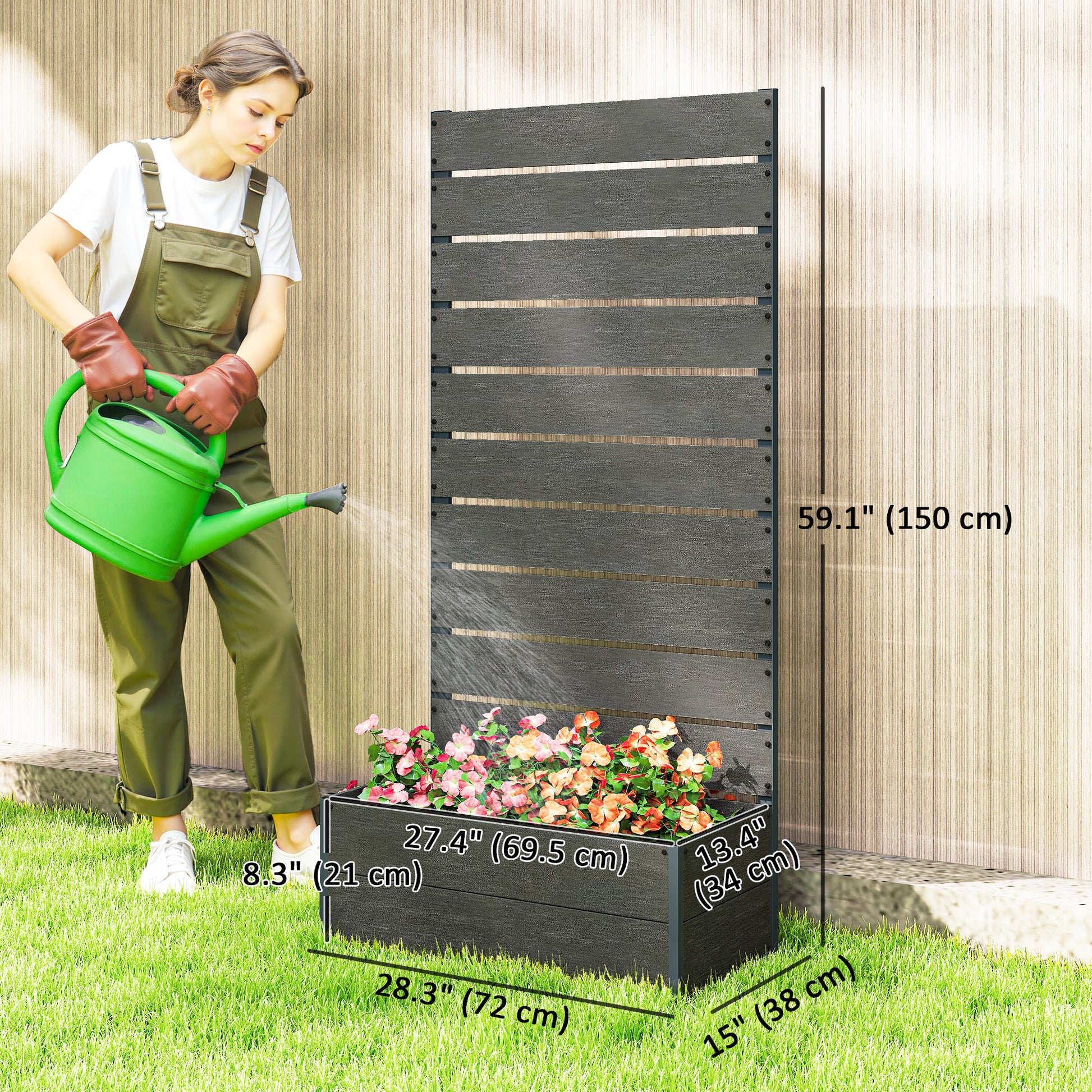 Raised Garden Bed with Trellis, Freestanding Elevated Planter Box for Climbing Vines, 28" x 15" x 59", Dark Grey