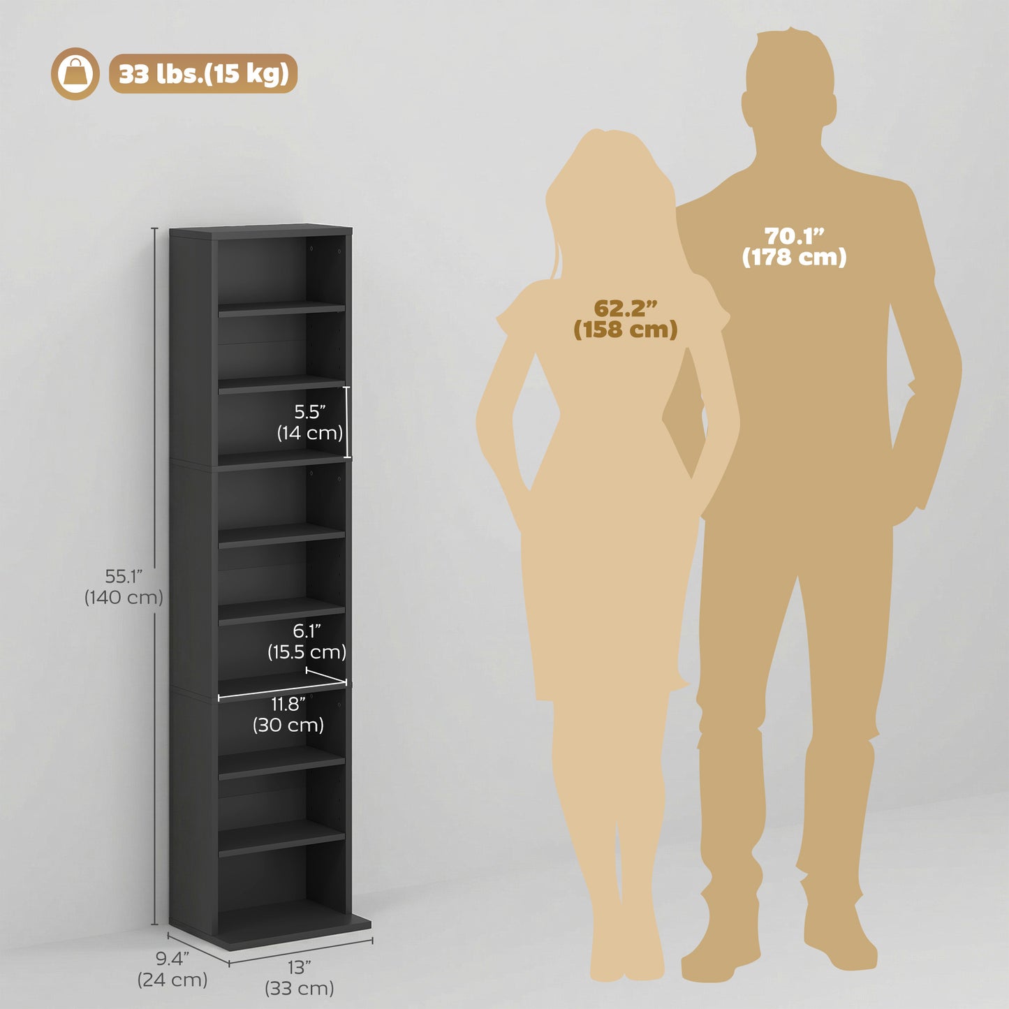 Media Storage Cabinet, 9-Tier Tall Narrow DVD Shelf with 6 Adjustable Shelves, Black