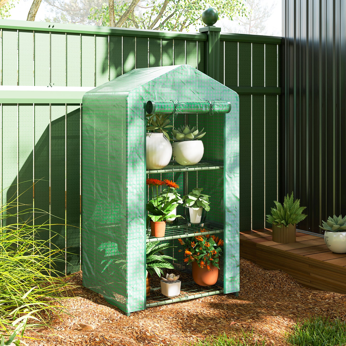 3 Tier Mini Greenhouse, Portable Flower Stand with Shelf Clips, Indoor Greenhouse with Steel Frame, Green