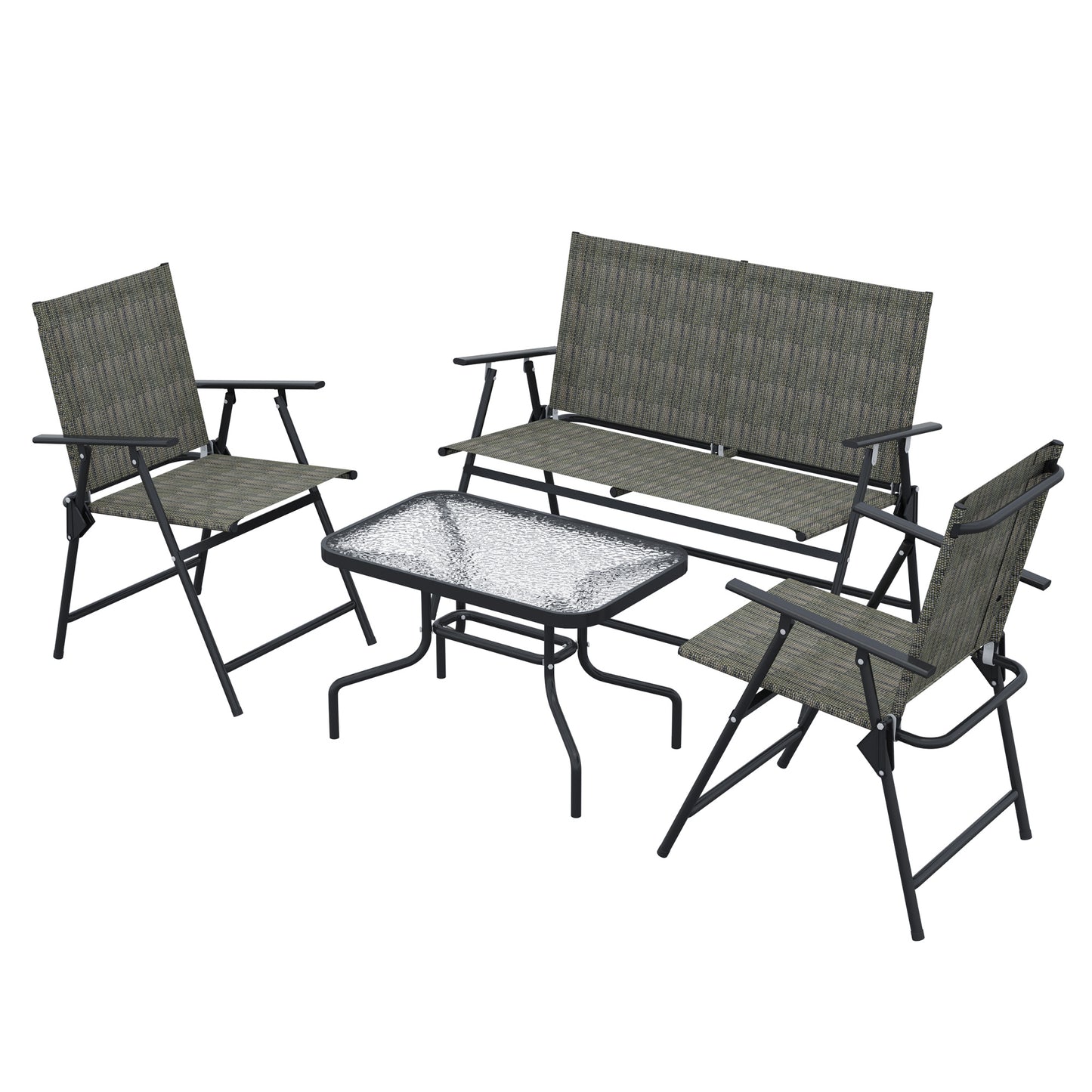 Outdoor 4 Pieces Patio Furniture Set, Garden Set with Two Foldable Armchairs, a Loveseat & Glass Top Table, Mixed Brown