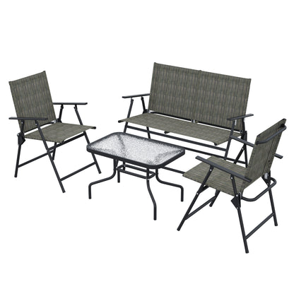 Outdoor 4 Pieces Patio Furniture Set, Garden Set with Two Foldable Armchairs, a Loveseat & Glass Top Table, Mixed Brown