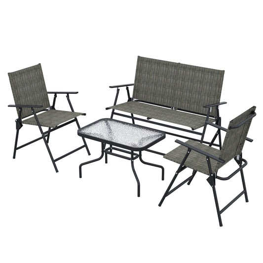 Outdoor 4 Pieces Patio Furniture Set, Garden Set with Two Foldable Armchairs, a Loveseat & Glass Top Table, Mixed Brown