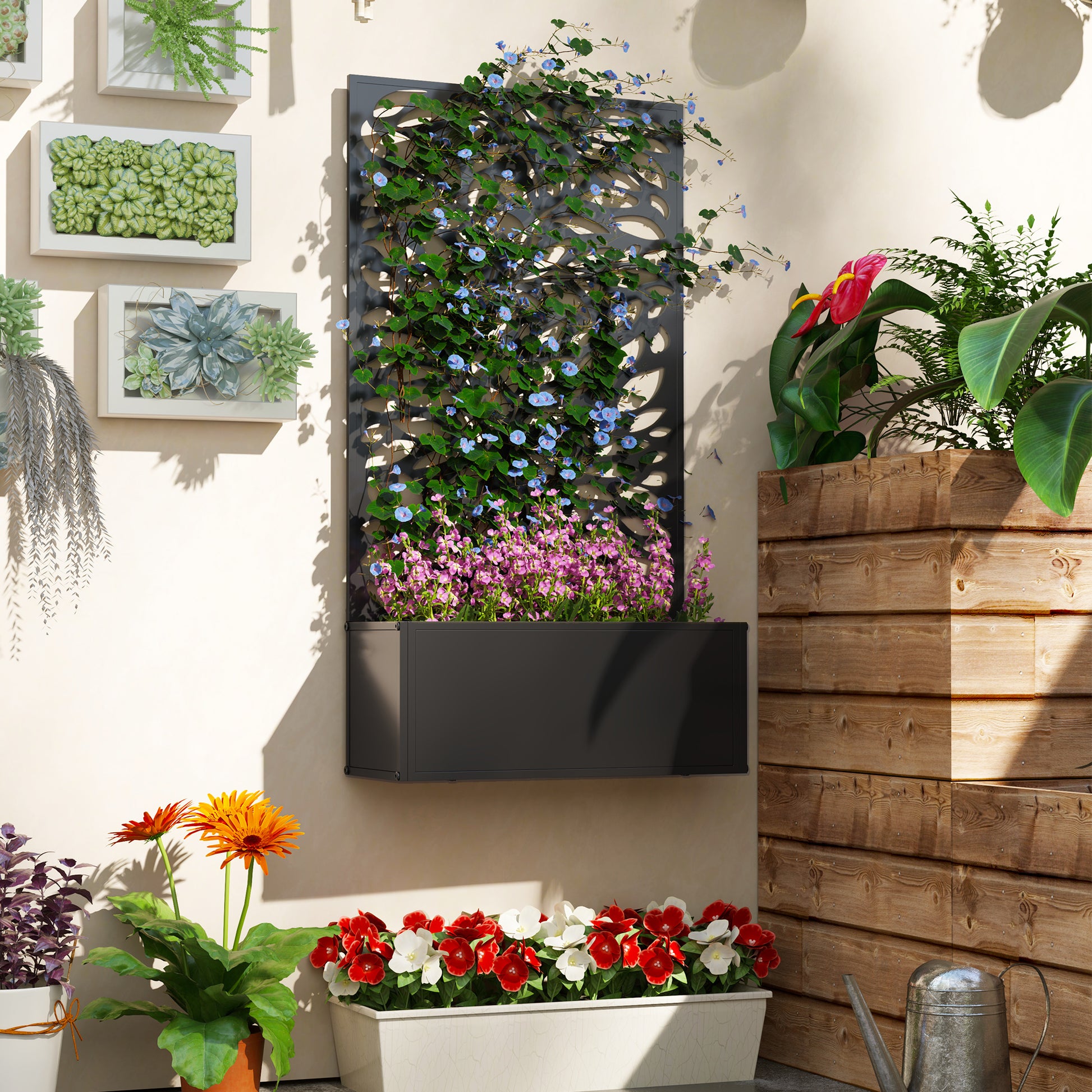 Metal Raised Garden Bed with Privacy Panel, Freestanding or Wall Mounted Outdoor Planter Box for Garden, Patio