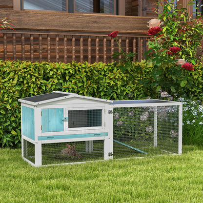 Wooden Rabbit Hutch Guinea Pig House with Removable Tray, Openable Roof, Trough, Run for Tortoises and Ferrets, Blue