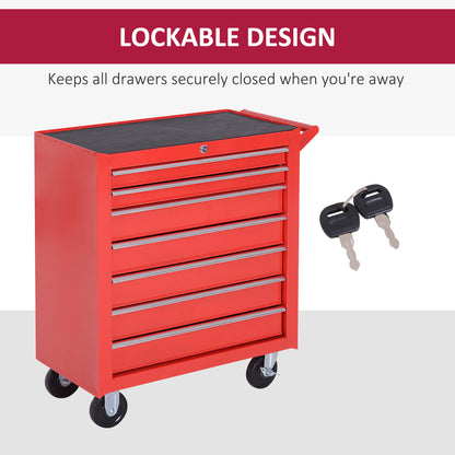 Rolling Tool Chest, 7-Drawer Lockable Tool Cabinet with 4 Wheels, Handle, Toolbox Storage Organizer for Garage, Workshop, Repair Shop, Red