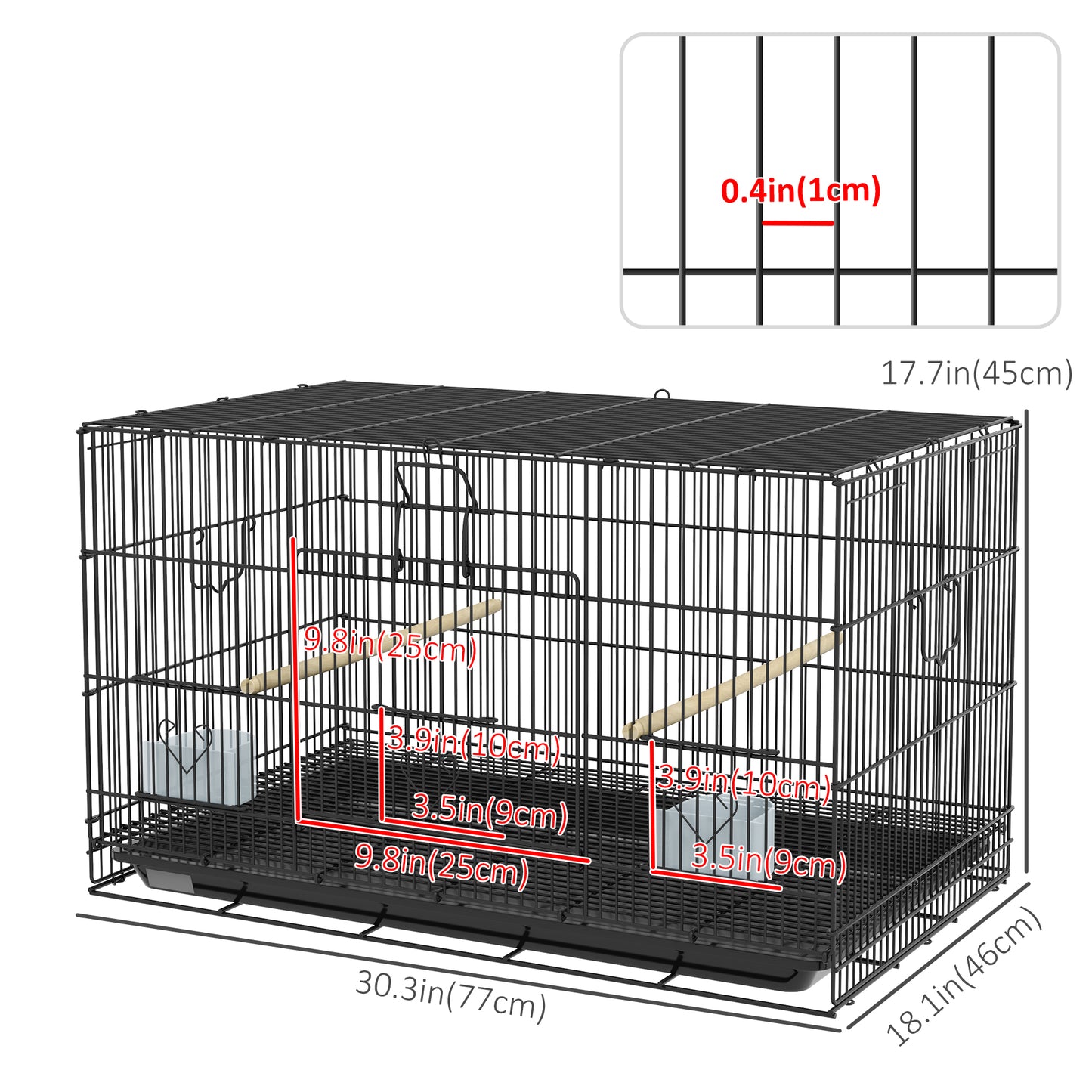 Birdcage for Canaries, Lovebirds Finches, Budgie Cage with Removable Tray, Bottom Mesh Panel, Wooden Perches, Swing, Ramp, Food Containers, 30" L x 18" W x 18" H