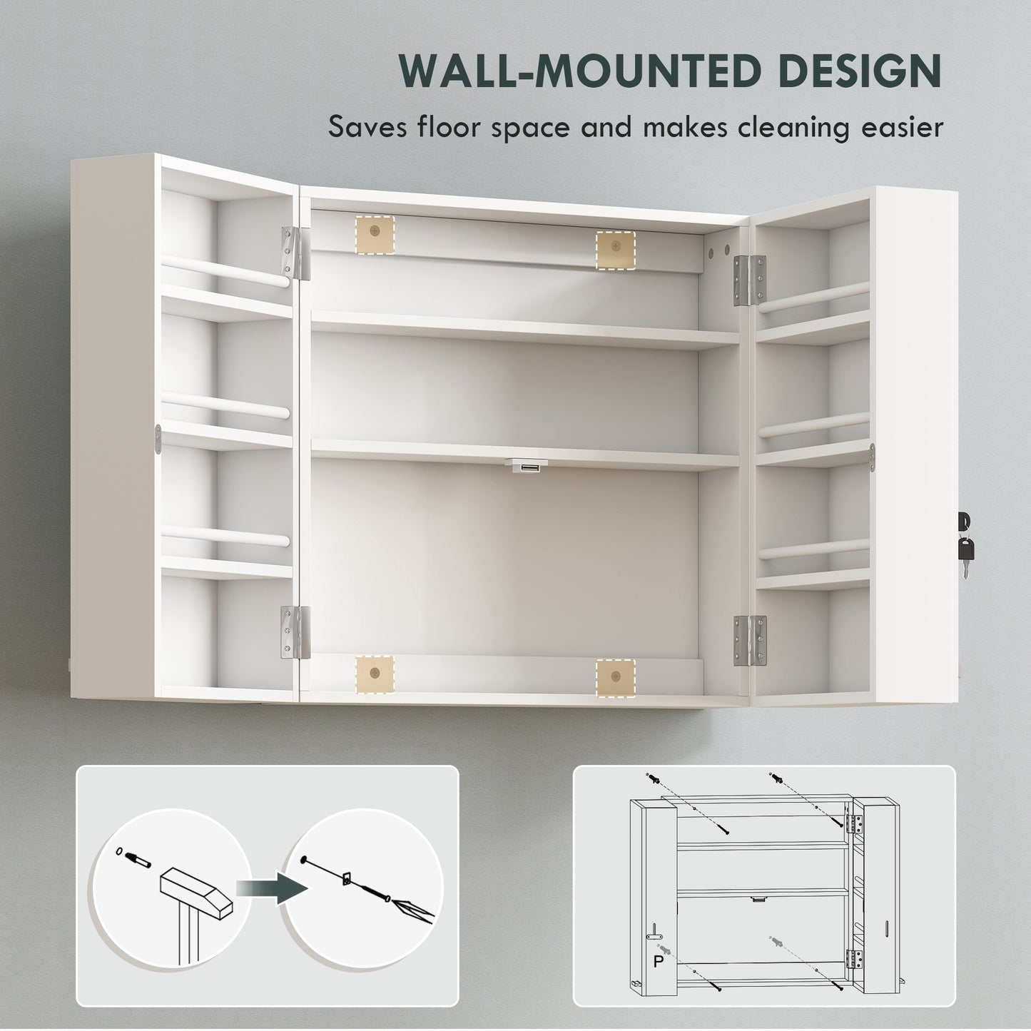 Wall Mount Medicine Cabinet, Bathroom Cabinet with 4 Tier Shelves, Lockable with 2 Keys for Kitchen, White