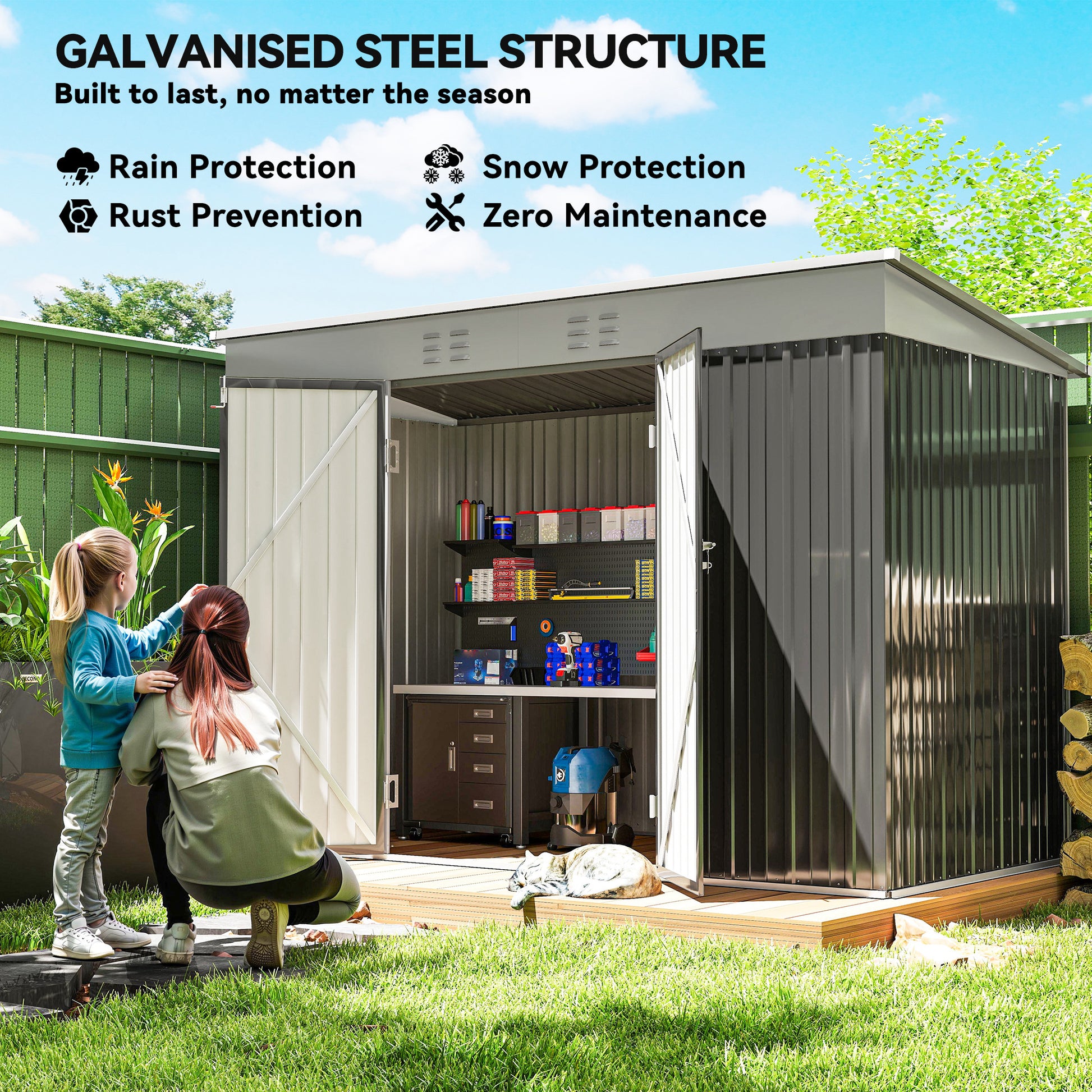 9' x 4' Galvanized Steel Garden Storage Shed with Lockable Doors, Gloves and 2 Air Vents for Backyard, Patio, Lawn