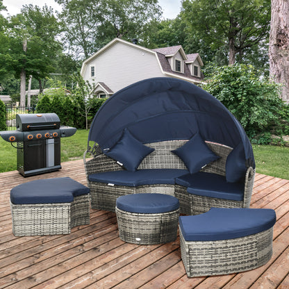 4 Pieces Outdoor Daybed with Retractable Canopy, PE Rattan Wicker Round Sofa Day Bed, Patio Sectional Conversation Furniture Set with Cushions and Pillows, Dark Blue