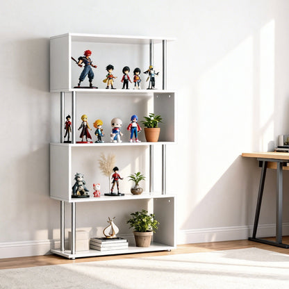 5-Tiers Geometric Wooden Bookcase S-Shaped Storage Bookshelf Display with Metal Frame for Living Room, Bedroom, Home Office, White