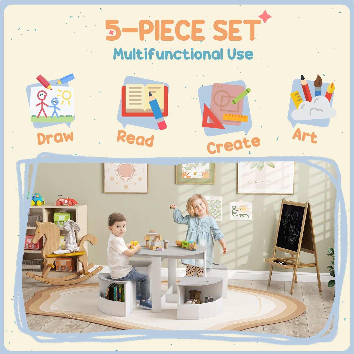 Qaba 5 Piece Kids Table and Chair Set with Storage for Kids Room, Grey
