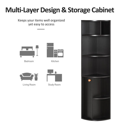 5-Tier Corner Bookcase, Storage Bookshelf, Freestanding Display Shelves with Open Compartments and Cabinet for Home Office, Living Room, Study, Black
