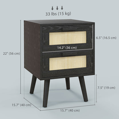 Boho Nightstands Set of 2, Bedside Tables with 2 Drawers for Living Room, Bedroom, Black