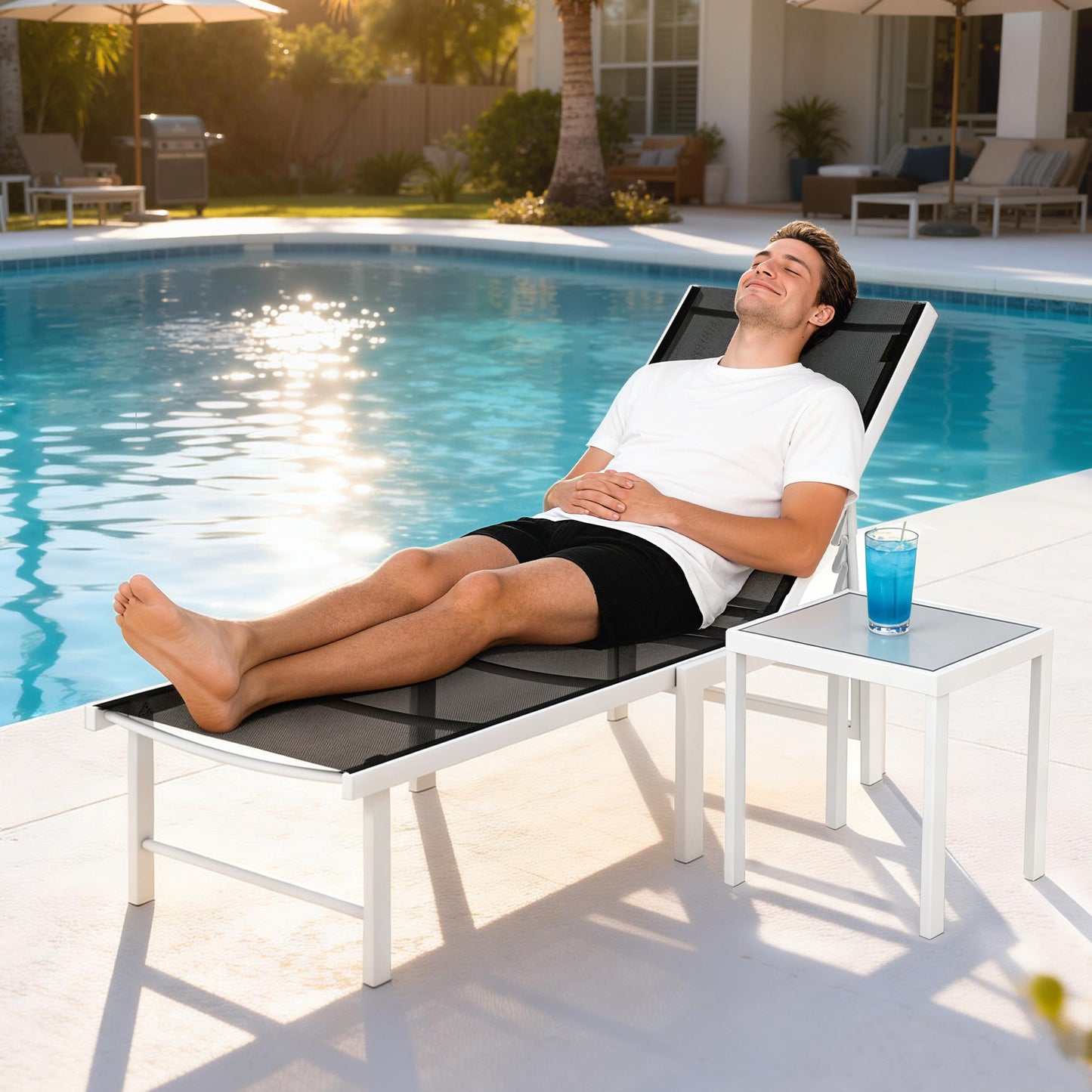 Outdoor Lounge Chair, 5-Position Reclining Outdoor Chaise Lounge Tanning Chair with Mesh Seat, Black