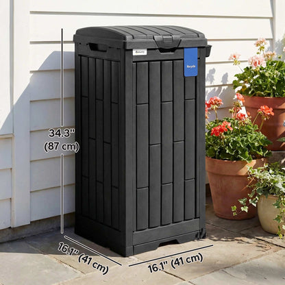29 Gallon Outdoor Garbage Bin with Dual Lid, Plastic Outdoor Waste Trash Can with Side Holder and Drip Tray, Black