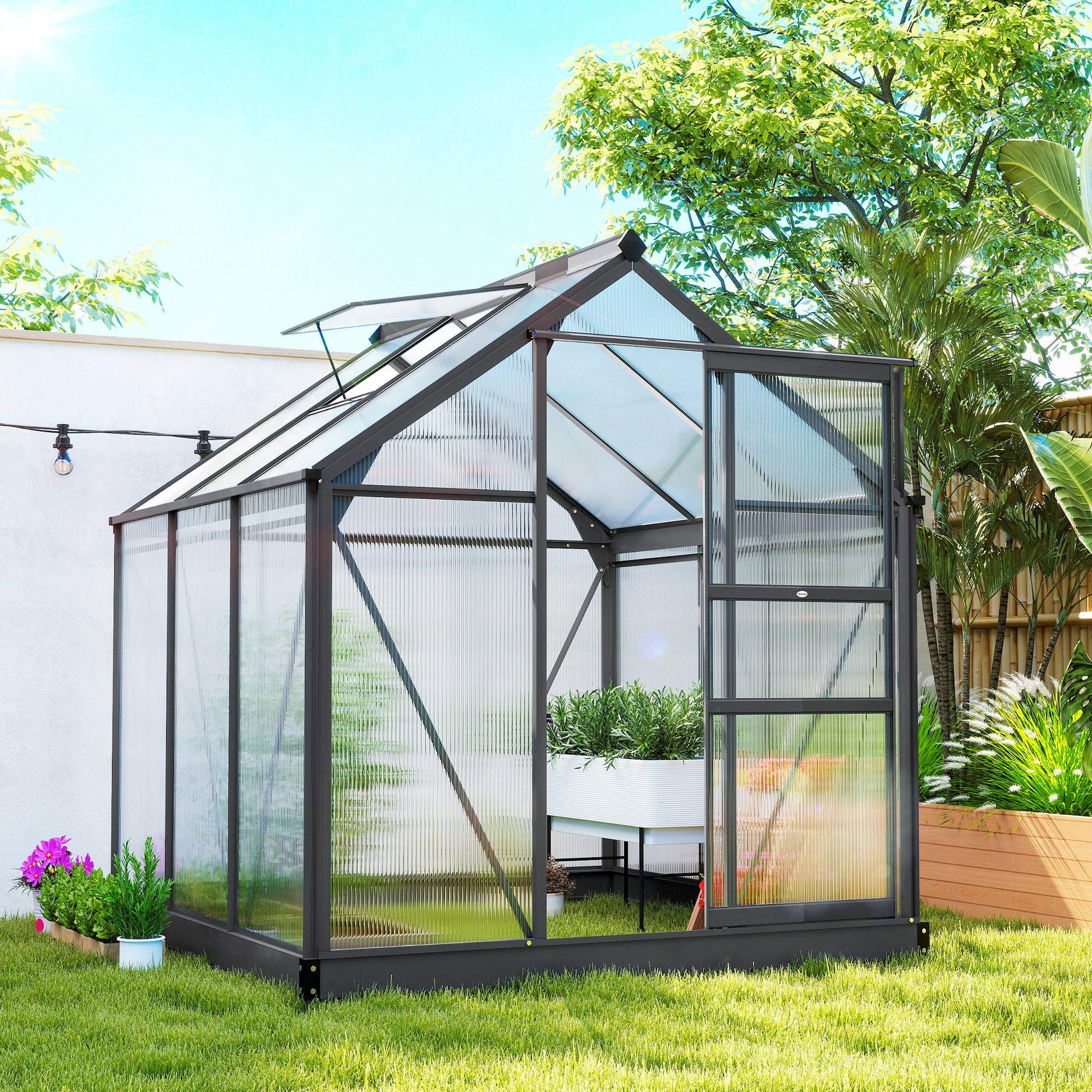 Greenhouse Garden, Green House, Outdoor Greenhouse Kit, PC Board with Sliding Door, 6.2' x 6.3' x 6.6', Grey