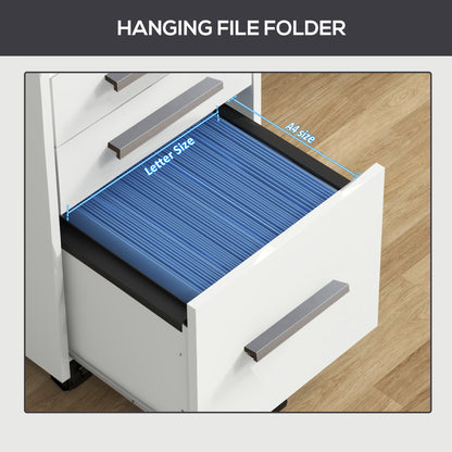 3 Drawer File Cabinet with Lock and Edged Top, Lockable Filing Cabinet on Wheels for Letter and A4 Size, White