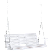 2 to 3 Seater Porch Swing Wood Patio Swing Chair Swing Bench with Foldable Table, Cup Holders, Steel Chains, White