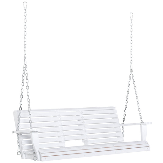 2 to 3 Seater Porch Swing Wood Patio Swing Chair Swing Bench with Foldable Table, Cup Holders, Steel Chains, White