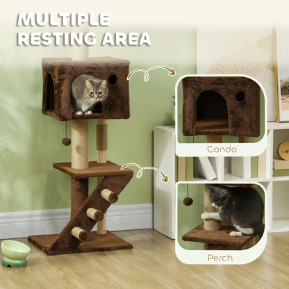 89"-100" Floor to Ceiling Cat Tree with Scratching Post, Cat House, 3-Steps, Hanging Ball, Perches, Anti-tip Kit, Brown