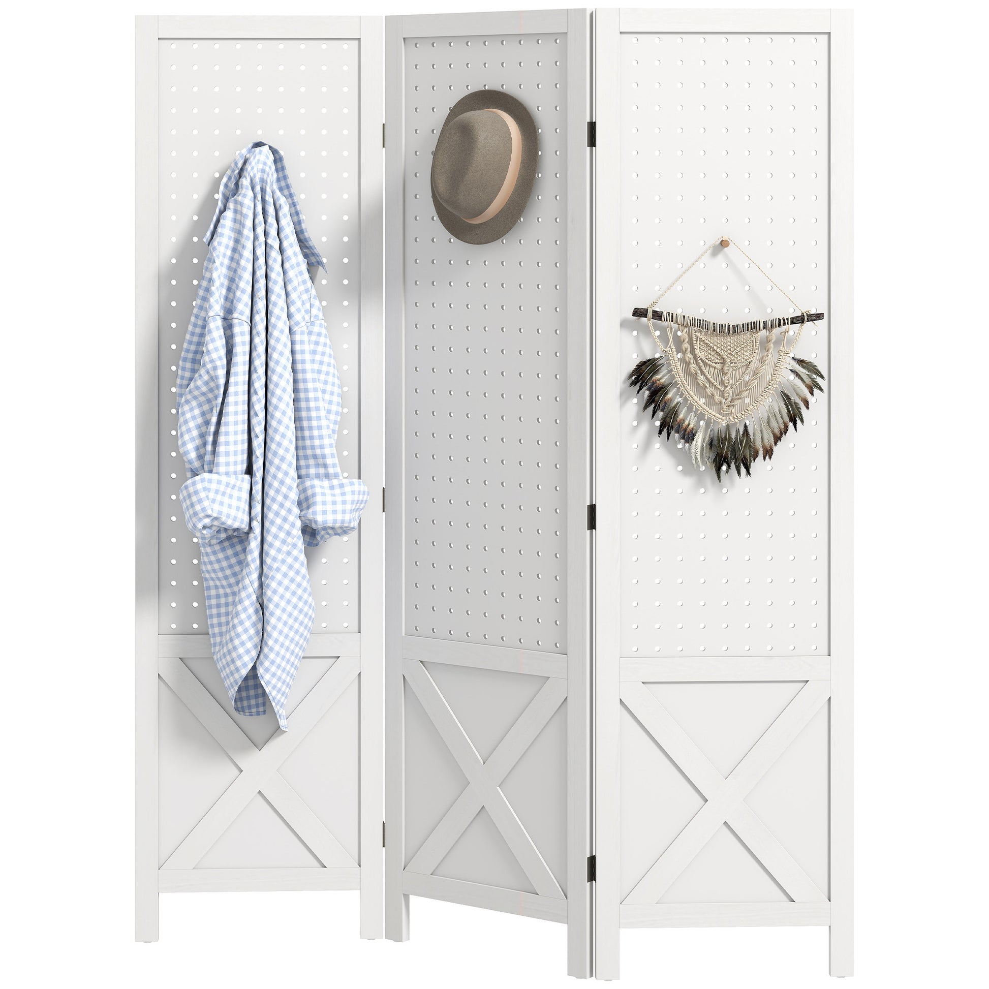 56.9" 3 Panel Wooden Room Divider with Pegboard Display, Folding Privacy Screen for Home Office, White