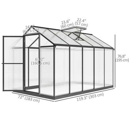 Polycarbonate Greenhouse, Aluminum Walk-In Green House Kit Garden, 6' x 10' x 6.4', Charcoal Grey