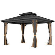10' x 12' Hardtop Gazebo, Sun Shelter with Double Tier Metal Roof, Mosquito Netting, and Hanging Hook, Dark Brown