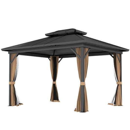 10' x 12' Hardtop Gazebo, Sun Shelter with Double Tier Metal Roof, Mosquito Netting, and Hanging Hook, Dark Brown