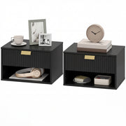Set of 2 Wall Mounted Bedside Tables, Floating Nightstands with Fluted Drawer and Open Shelf for Bedroom, Black