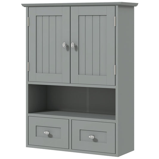 Bathroom Wall Cabinet with 2 Drawers, Modern Medicine Cabinet with 2 Doors and Open Shelf, Over the Toilet Storage Organizer for Living Room, Kitchen，20" x 7" x 26", Grey