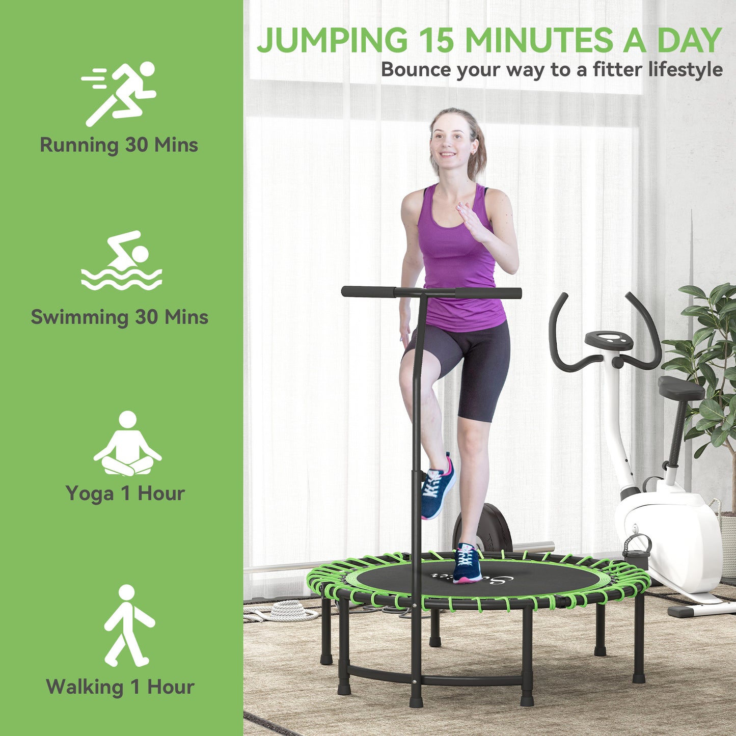 Soozier 45" Mini Trampoline for Adults, Foldable Fitness Exercise Rebounder with Adjustable Handle