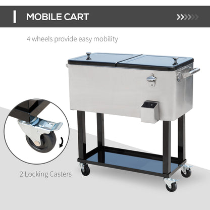 80 Quart Rolling Cooler Cart Ice Beer Beverage Cooling Bin for Outdoor Party, 35.4" x 15.4" x 32.7", Silver