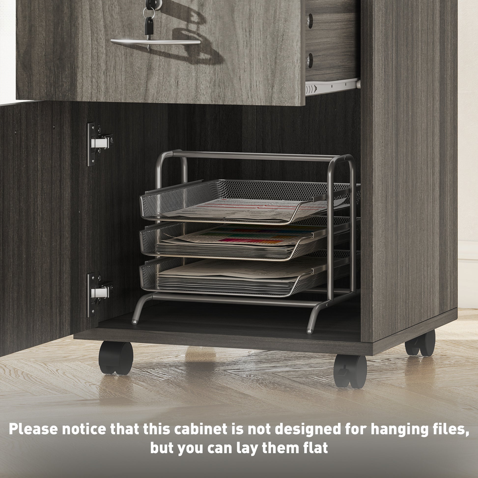 24" Filing Cabinet with Open Compartment, Lockable Drawer and Wheels, Home Office Storage Cabinet, Distressed Grey