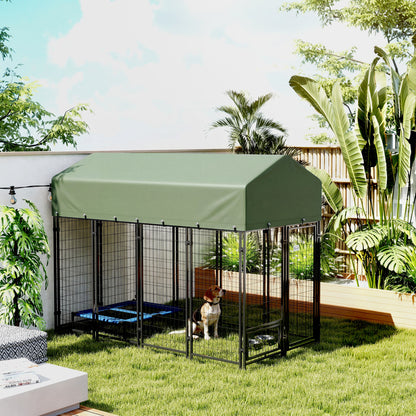 8' x 4' x 6' Outdoor Dog Kennel, Dog Kennel Outside Run with 360° Rotating Bowls, Waterproof & UV Resistant Cover Green