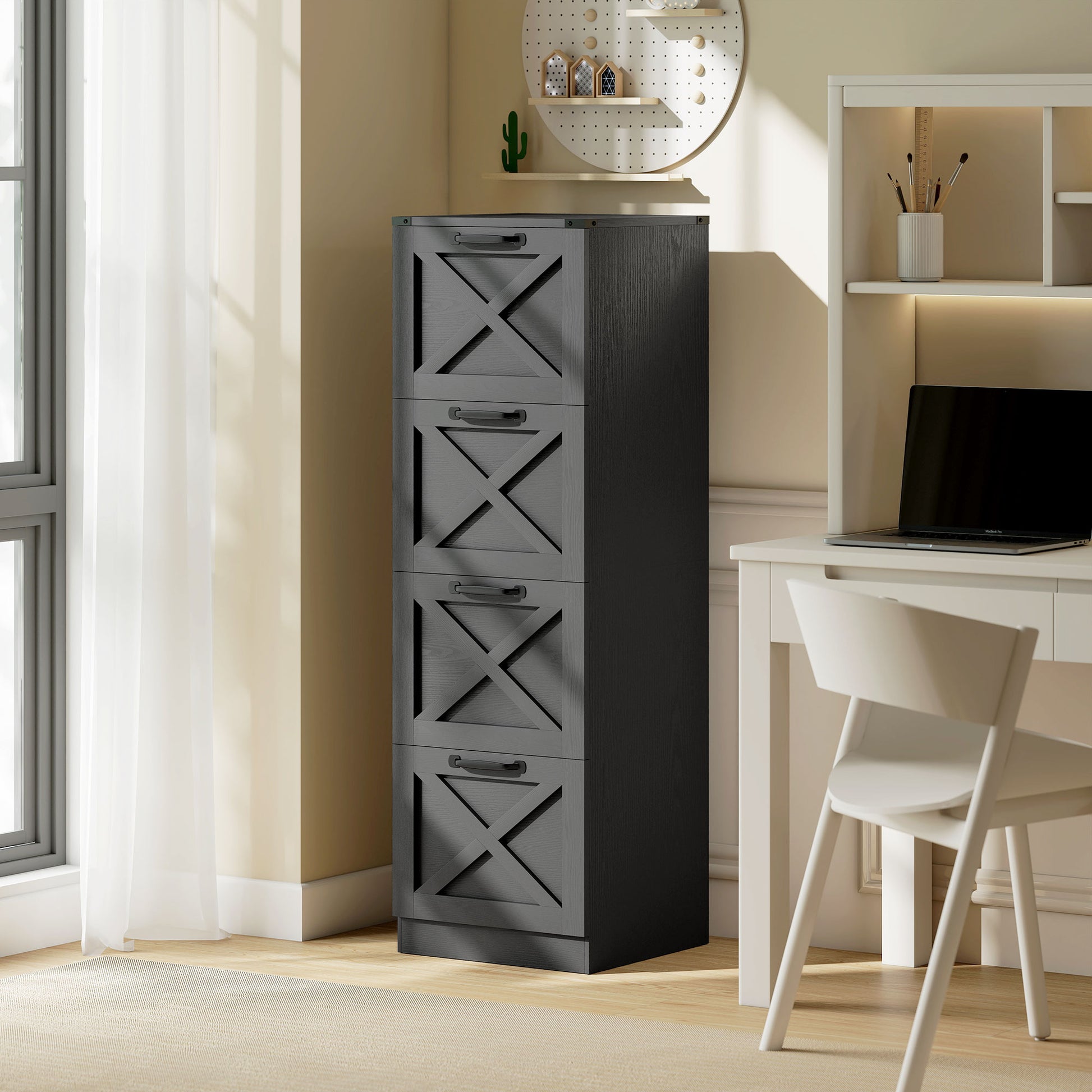 4 Drawer File Cabinet with Silent Slides, Vertical Farmhouse Filing Cabinet Fits Letter/A4 Size Home Office, Black