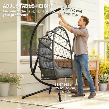 Hanging Egg Chair with Stand, Foldable Wicker Rattan Swing Chair with Thick Cushion and Safety Rope, Grey