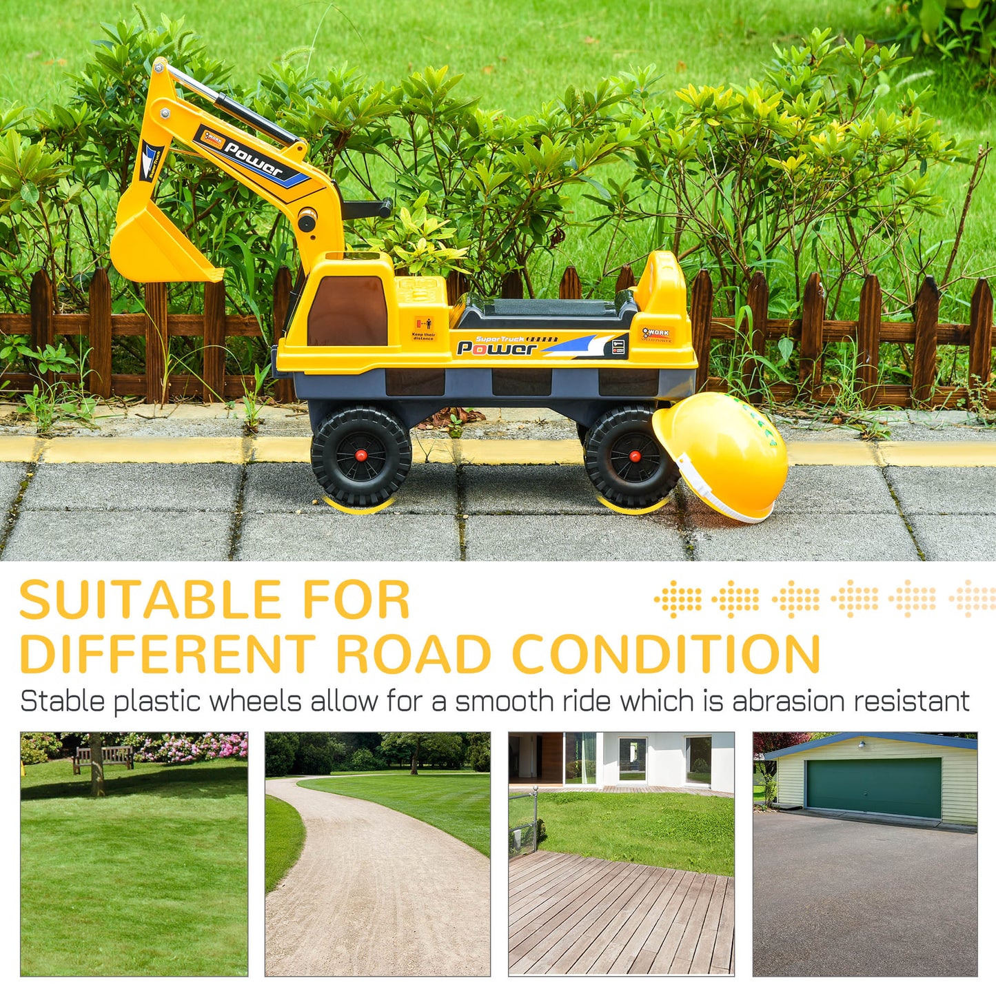 Qaba No Power Ride On Excavator Construction Digger Multi-Functional Truck Toy with 2 in 1 Design Detachable Digging Bucket and Grab Bucket, Music, Light, Yellow