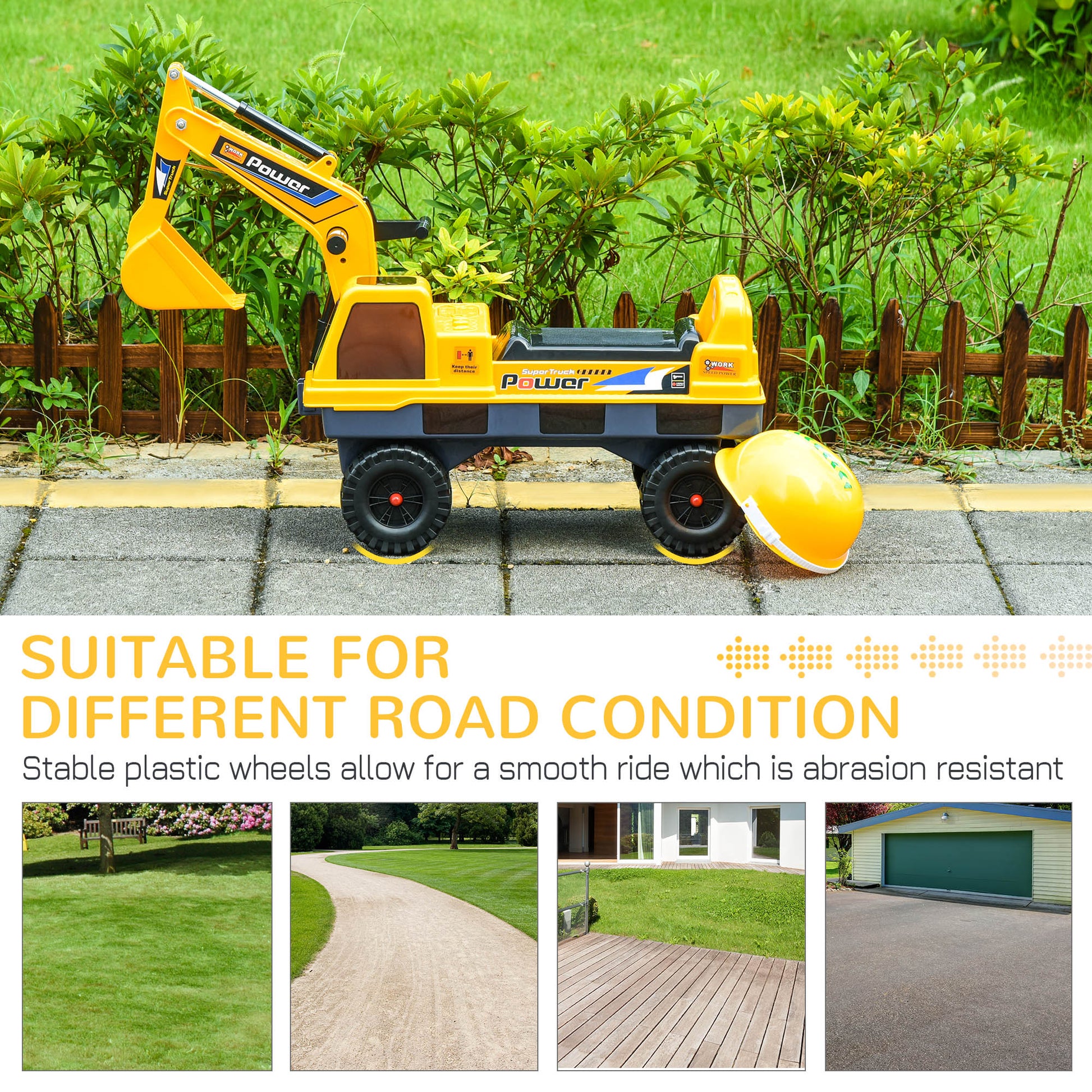 Qaba No Power Ride On Excavator Construction Digger Multi-Functional Truck Toy with 2 in 1 Design Detachable Digging Bucket and Grab Bucket, Music, Light, Yellow