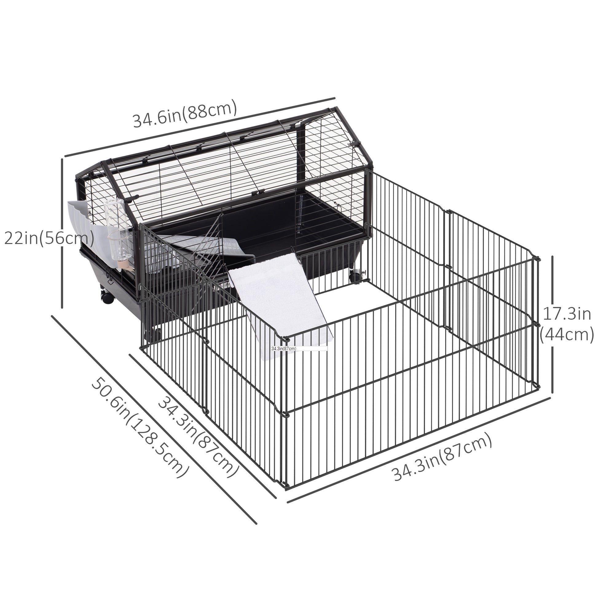 Guinea Pig Cage with Foldable Detachable Playpen, Rolling Rabbit Chinchilla Hedgehog Bunny Cage Small Animal Habitat with Water Bottle, Hay Feeder, 34.5" x 50.5" x 22"