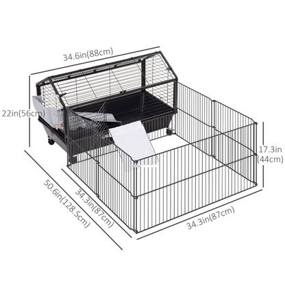 Guinea Pig Cage with Foldable Detachable Playpen, Rolling Rabbit Chinchilla Hedgehog Bunny Cage Small Animal Habitat with Water Bottle, Hay Feeder, 34.5" x 50.5" x 22"