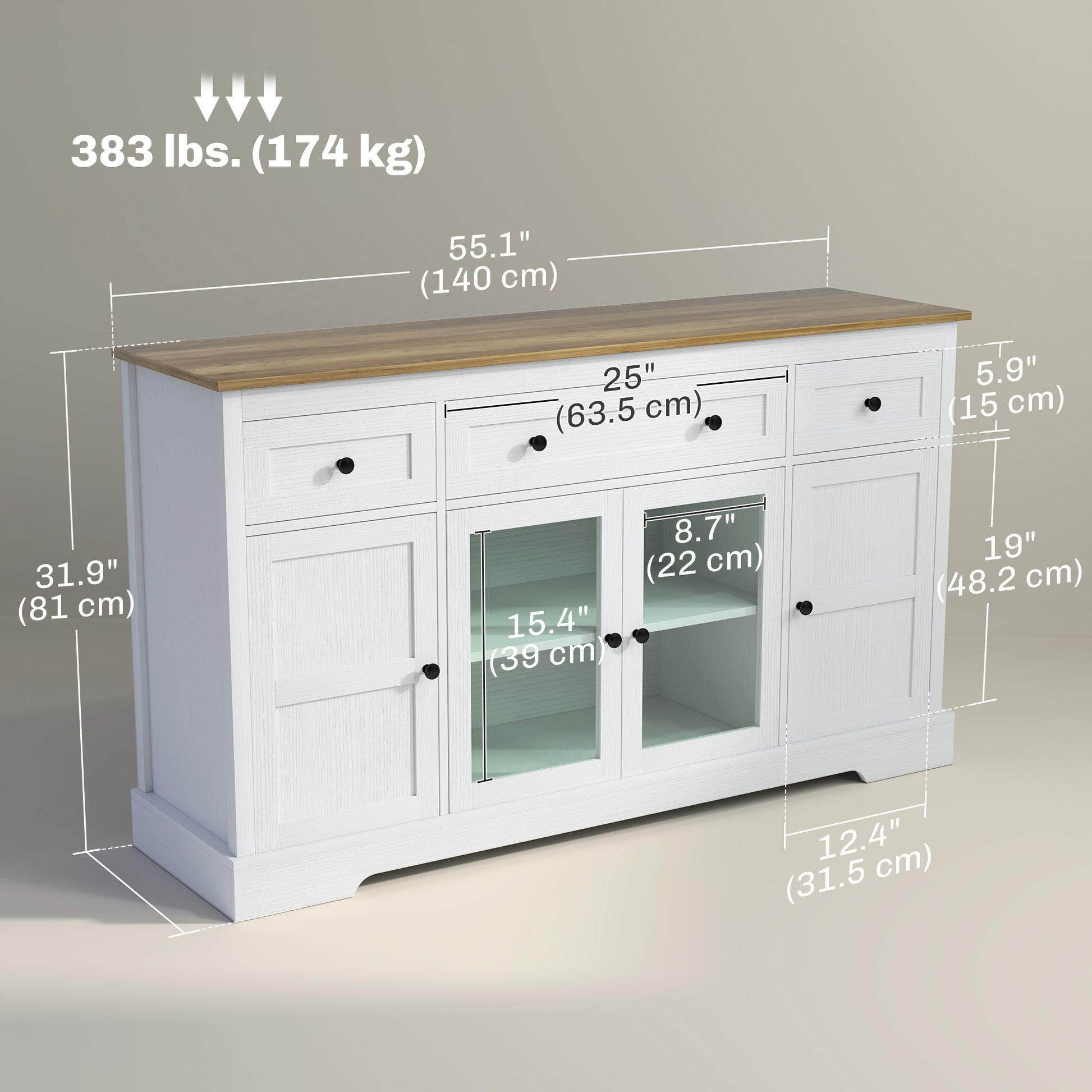 Sideboard Buffet Cabinet with Storage, Coffee Bar Cabinet with Glass Doors and Adjustable Shelves, Distressed White