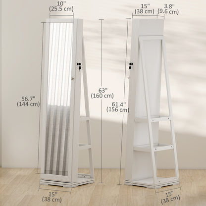 360° Swivel Jewelry Armoire, Lockable Mirror Jewelry Cabinet with Built-In Small Mirror, White