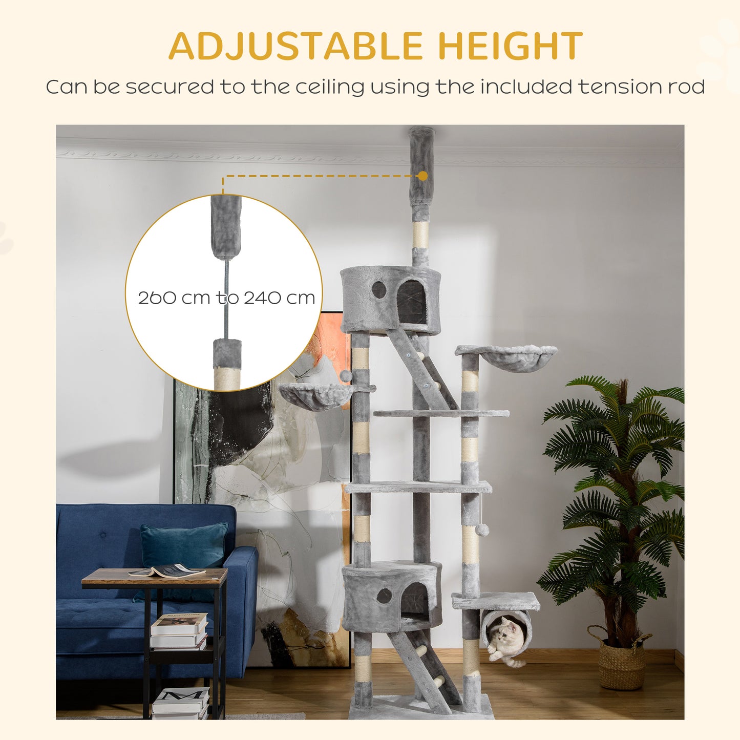 94"-102" Huge Cat Tree Ceiling High Cat Condo Scratching Post Activity Center Multi-Level Play House Light Grey
